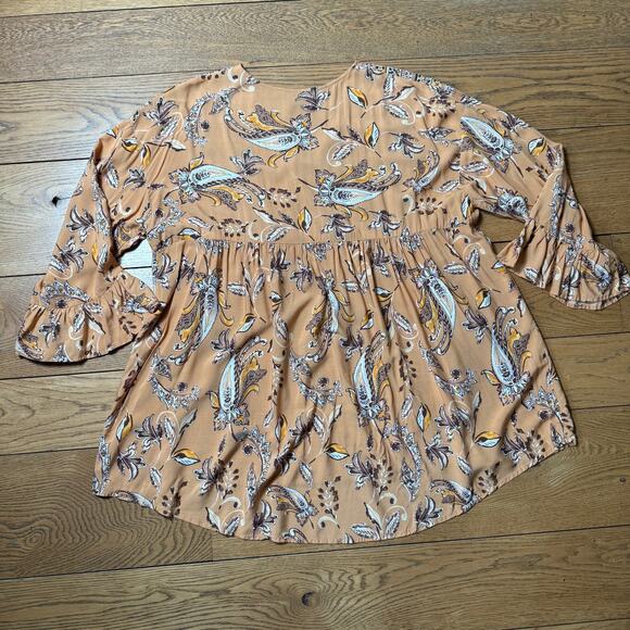 Davi & Dani Women Long Sleeve Boho Peasant Top 2XL Paisley Brown Floral Fall - Picture 2 of 8